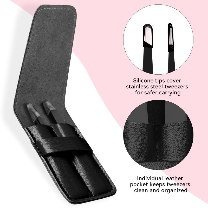 FACEMADE 2 Pack Tweezers Set - Professional Stainless Steel Tweezers for Men and Women, Precision Eyebrow Tweezers for Facial Hair, Chin, and Ingrown Hair Removal (Black) - Image 4
