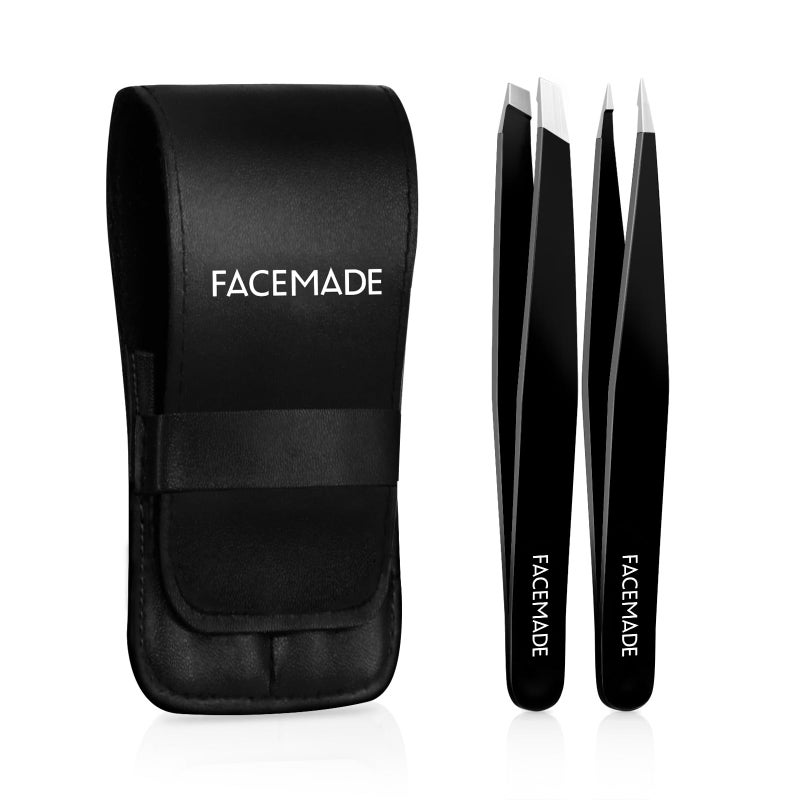 FACEMADE 2 Pack Tweezers Set - Professional Stainless Steel Tweezers for Men and Women, Precision Eyebrow Tweezers for Facial Hair, Chin, and Ingrown Hair Removal (Black) - Image 1