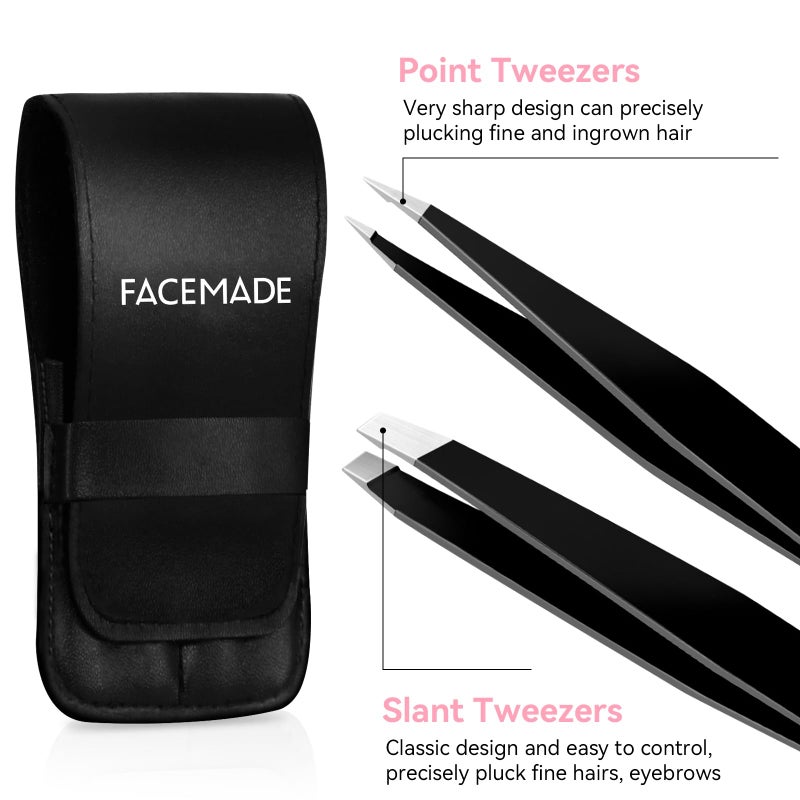 FACEMADE 2 Pack Tweezers Set - Professional Stainless Steel Tweezers for Men and Women, Precision Eyebrow Tweezers for Facial Hair, Chin, and Ingrown Hair Removal (Black) - Image 3