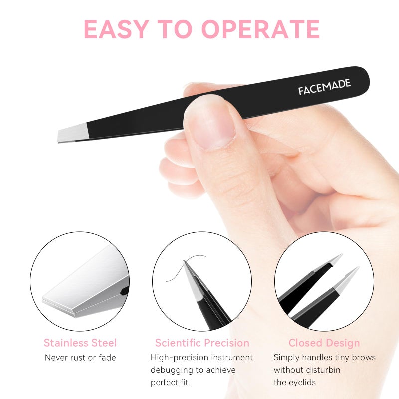 FACEMADE 2 Pack Tweezers Set - Professional Stainless Steel Tweezers for Men and Women, Precision Eyebrow Tweezers for Facial Hair, Chin, and Ingrown Hair Removal (Black) - Image 5