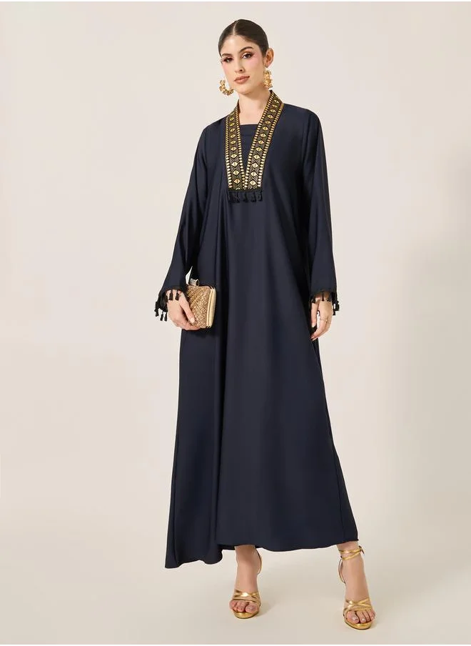 ستايلي Lace Detail V-Neck Flared Jalabyia with Tassels Detail
