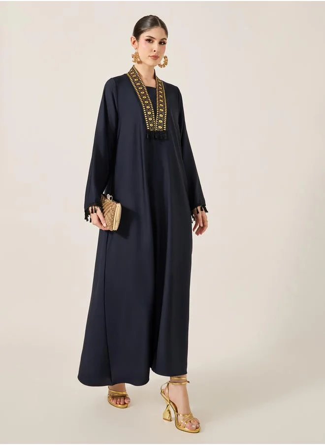 ستايلي Lace Detail V-Neck Flared Jalabyia with Tassels Detail