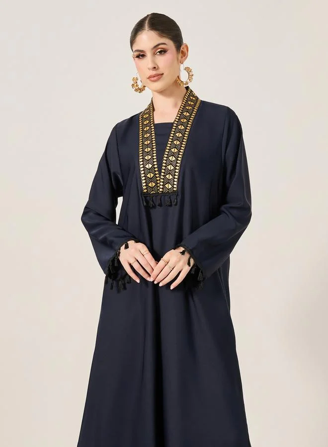 Styli Lace Detail V-Neck Flared Jalabyia with Tassels Detail