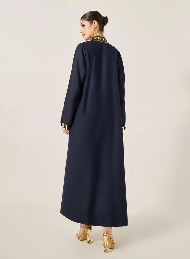 Styli Lace Detail V-Neck Flared Jalabyia with Tassels Detail