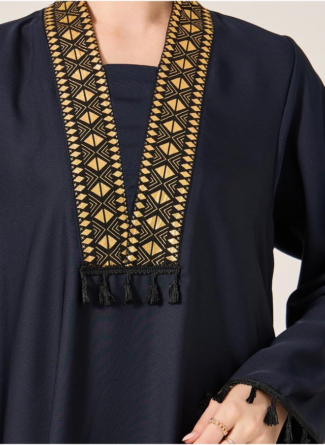 Styli Lace Detail V-Neck Flared Jalabyia with Tassels Detail  - Image 4