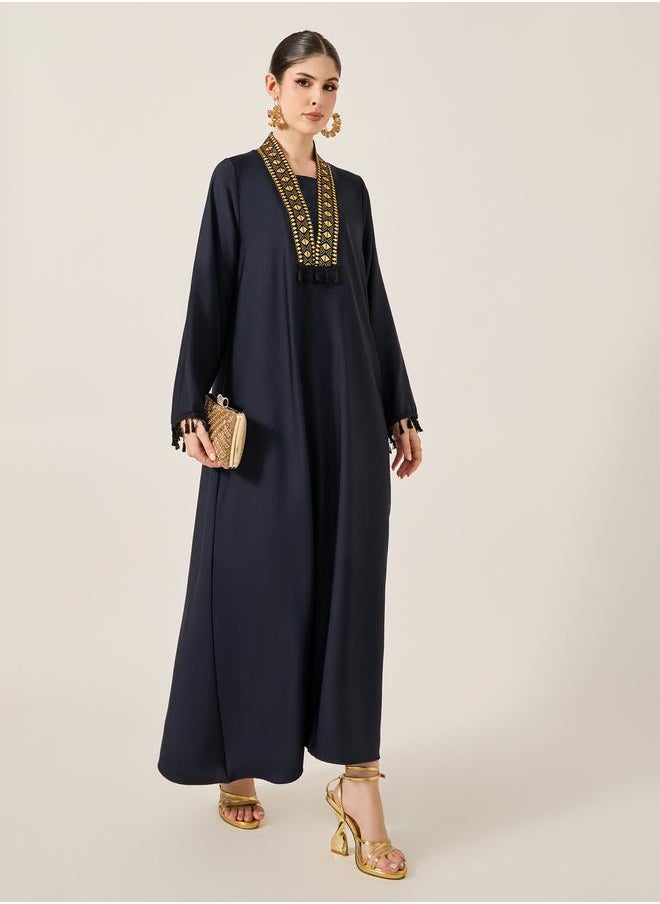 Styli Lace Detail V-Neck Flared Jalabyia with Tassels Detail  - Image 1