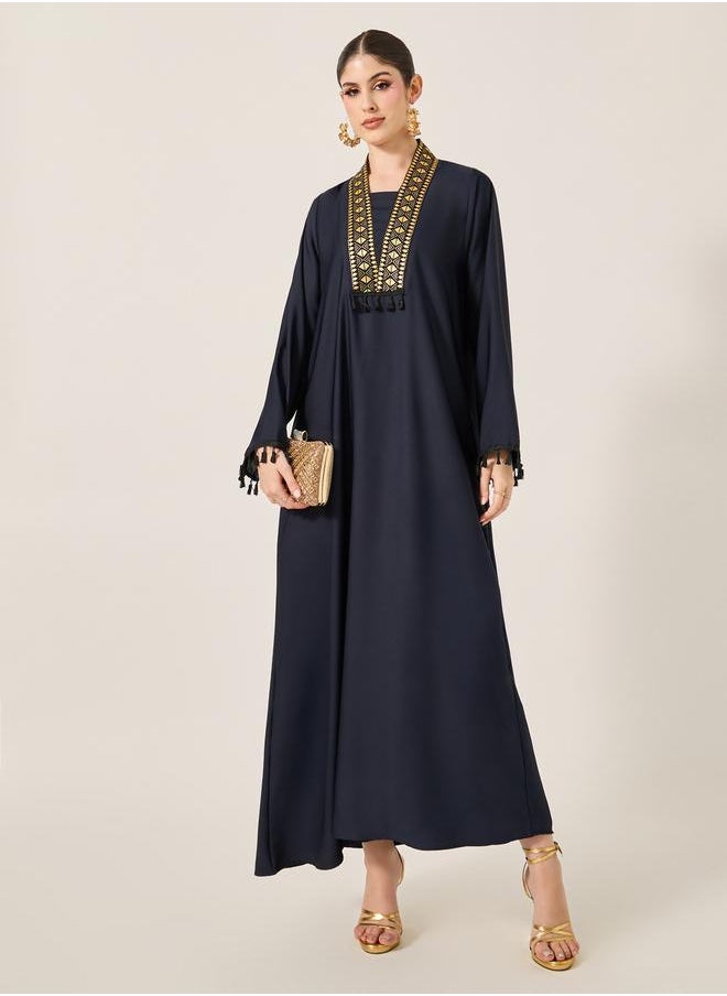Styli Lace Detail V-Neck Flared Jalabyia with Tassels Detail  - Image 2
