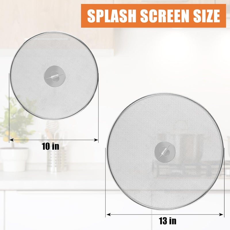 2 pieces of stainless steel anti-oil splash frying pan mesh cover (10 inches 13 inches) with foldable handle fine mesh surface anti-rust, anti-scalding and anti-oil stain Silver - Image 2