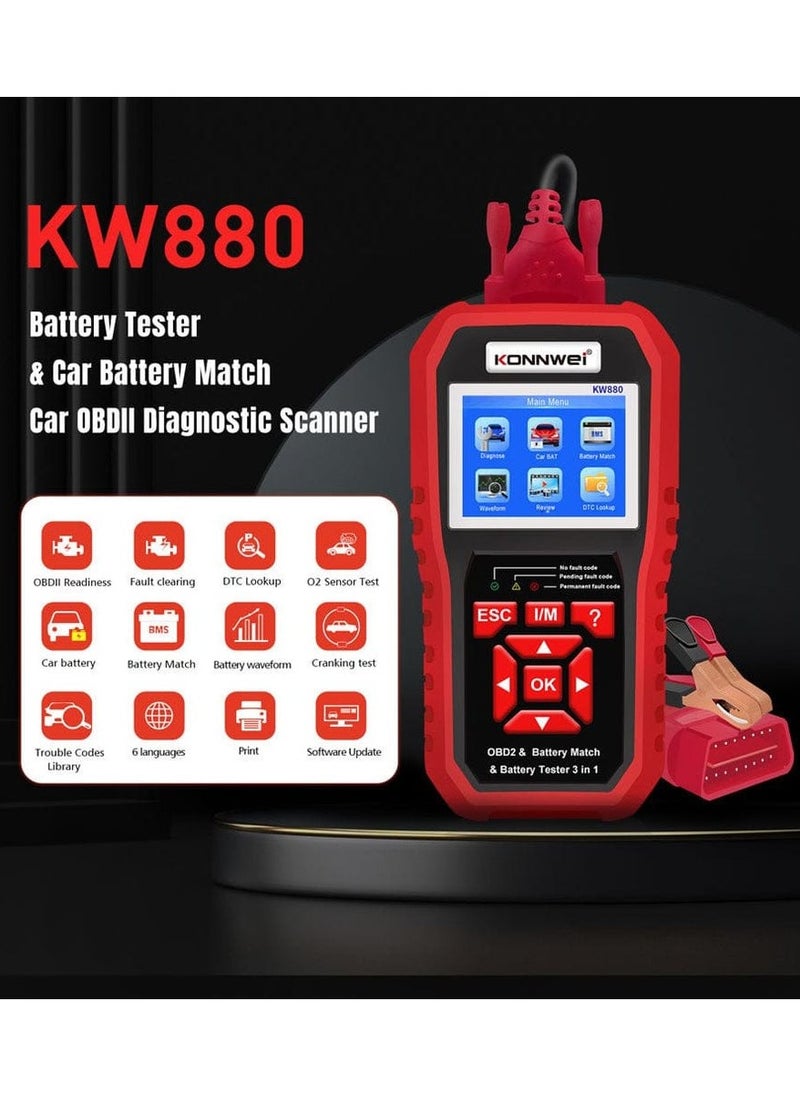 كونوي الماسح الضوئي KW880 Obd2 - أداة تشخيص 3 في 1، اختبار بطارية السيارة ومطابقة البطارية لمركبات البنزين/الديزل - فحص محرك النظام بالكامل، اختبار الانبعاثات، مستشعر O2، اختبار EVAP، عرض البيانات الحية  - Image 2