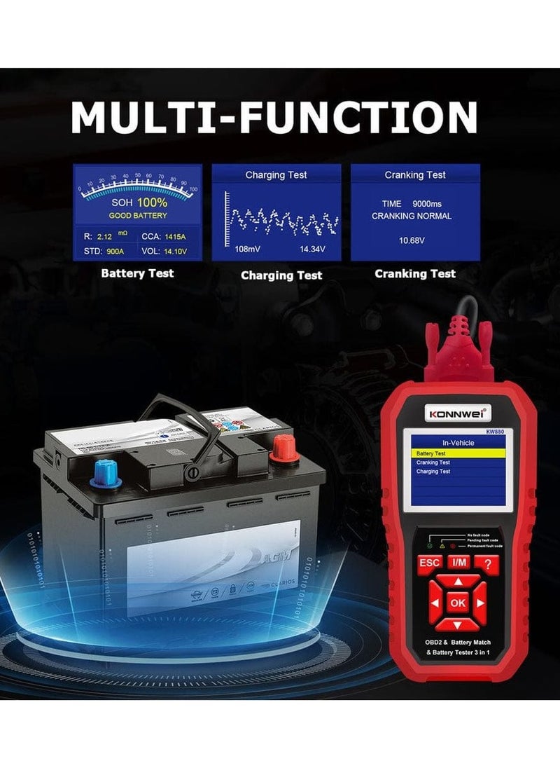 كونوي الماسح الضوئي KW880 Obd2 - أداة تشخيص 3 في 1، اختبار بطارية السيارة ومطابقة البطارية لمركبات البنزين/الديزل - فحص محرك النظام بالكامل، اختبار الانبعاثات، مستشعر O2، اختبار EVAP، عرض البيانات الحية  - Image 4