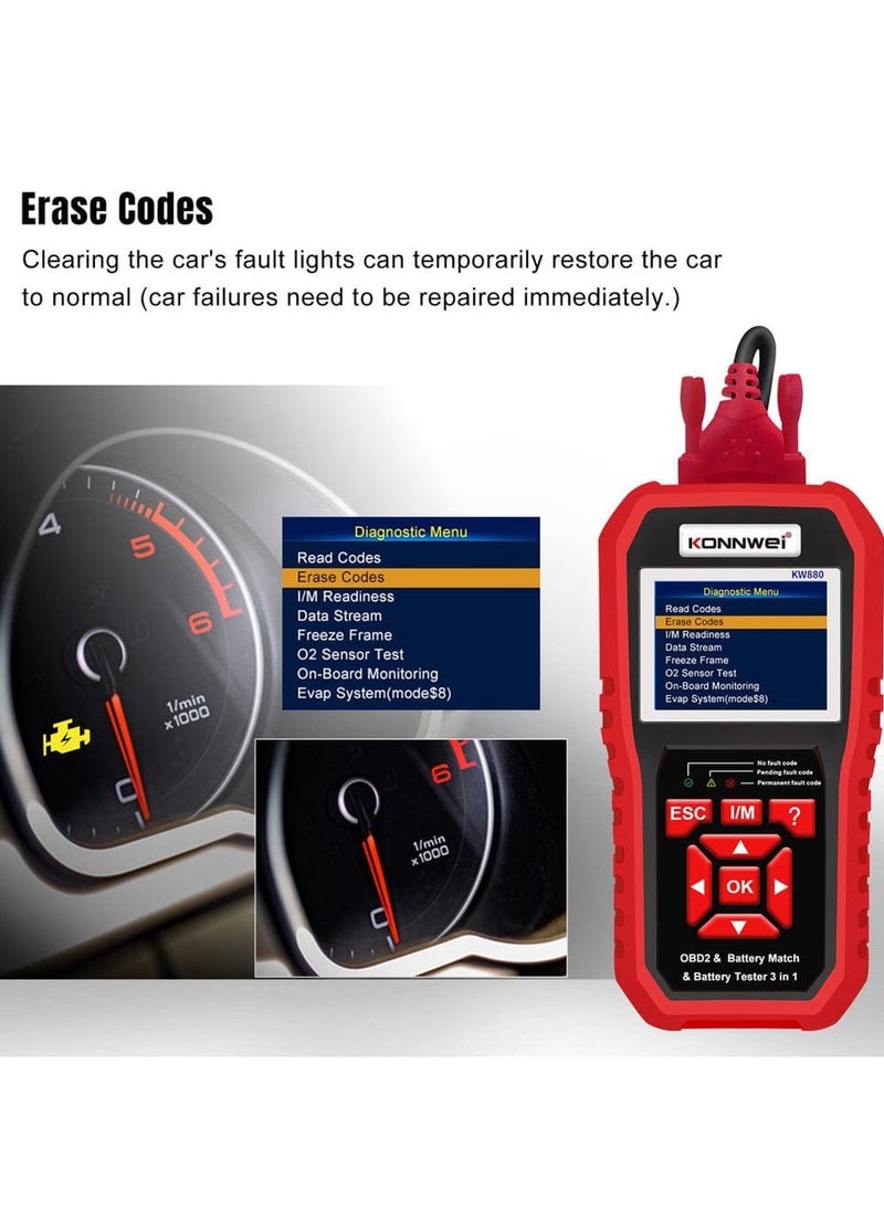 كونوي - الماسح الضوئي KW880 Obd2 - أداة تشخيص 3 في 1، اختبار بطارية السيارة ومطابقة البطارية لمركبات البنزين/الديزل - فحص محرك النظام بالكامل، اختبار الانبعاثات، مستشعر O2، اختبار EVAP، عرض البيانات الحية - Image 1