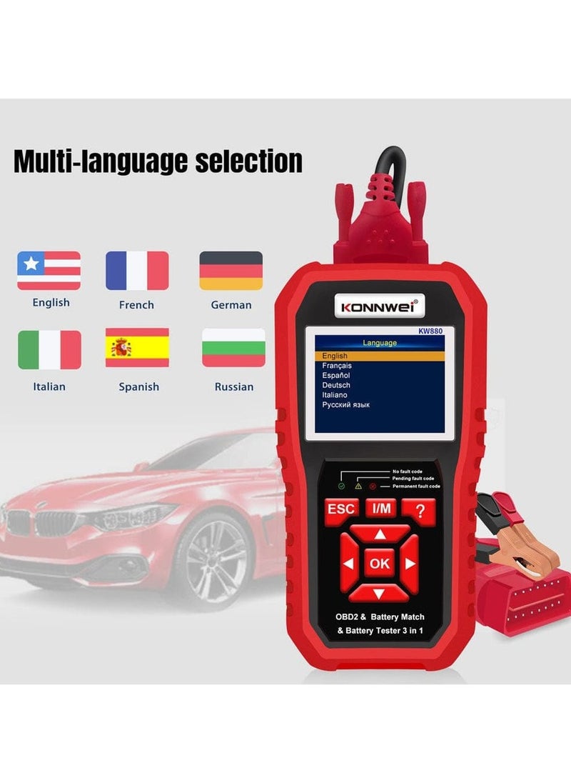 كونوي - الماسح الضوئي KW880 Obd2 - أداة تشخيص 3 في 1، اختبار بطارية السيارة ومطابقة البطارية لمركبات البنزين/الديزل - فحص محرك النظام بالكامل، اختبار الانبعاثات، مستشعر O2، اختبار EVAP، عرض البيانات الحية - Image 1