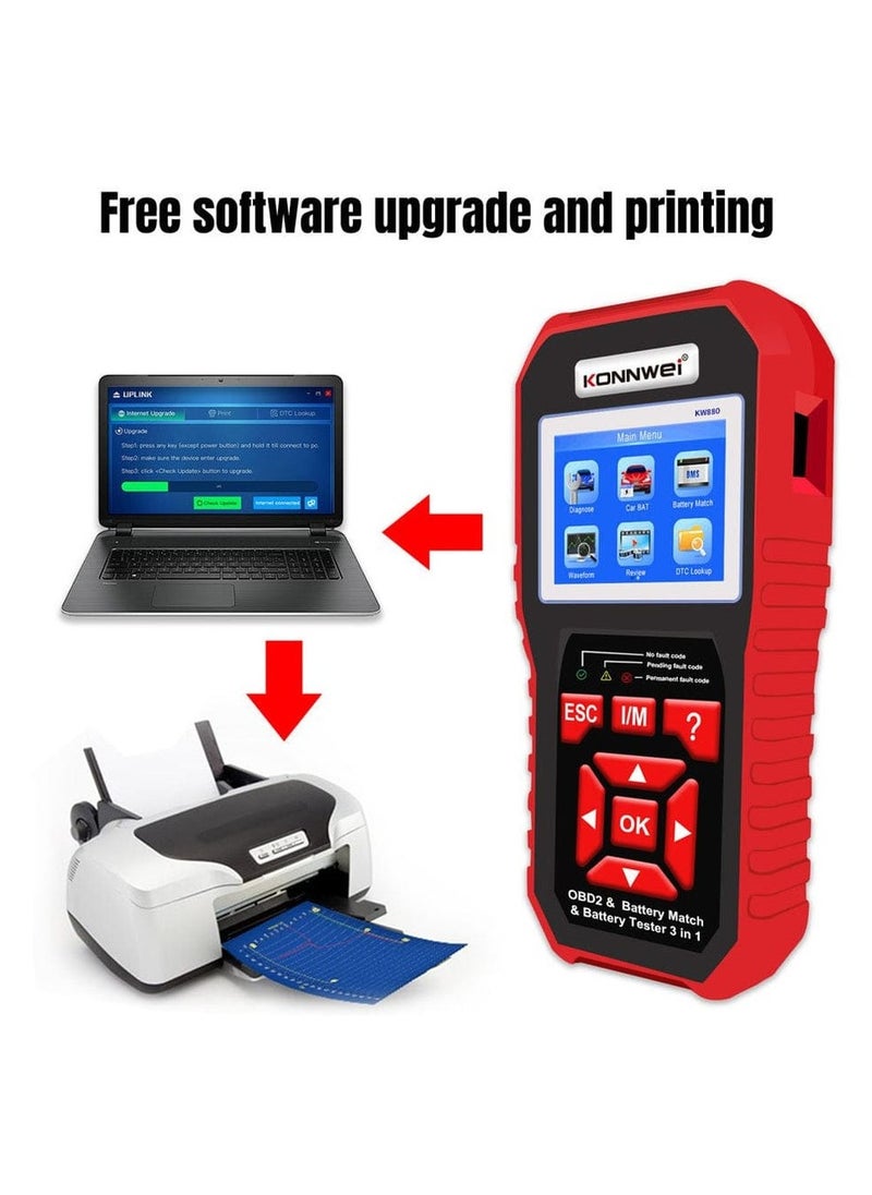 كونوي - الماسح الضوئي KW880 Obd2 - أداة تشخيص 3 في 1، اختبار بطارية السيارة ومطابقة البطارية لمركبات البنزين/الديزل - فحص محرك النظام بالكامل، اختبار الانبعاثات، مستشعر O2، اختبار EVAP، عرض البيانات الحية - Image 1