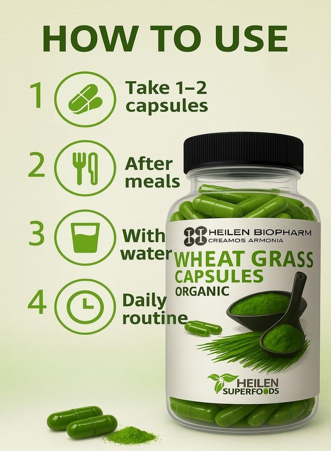 Heilen Biopharm Wheatgrass Powder Capsules - 500 mg x 180 (Pack of 1) | Plant-Based Green Superfood | Rich in Chlorophyll & Phytonutrients | Lab Tested | Vegan | No Added Preservatives - Image 4