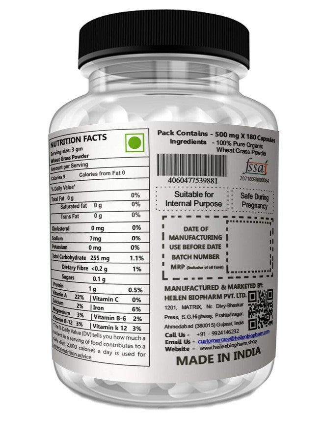 Heilen Biopharm Wheatgrass Powder Capsules - 500 mg x 180 (Pack of 1) | Plant-Based Green Superfood | Rich in Chlorophyll & Phytonutrients | Lab Tested | Vegan | No Added Preservatives - Image 2