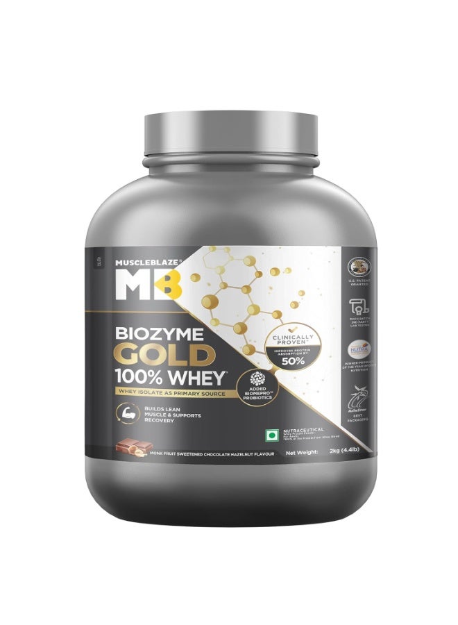 مسل بلايز مسحوق بروتين مصل اللبن MuscleBlaze Biozyme Gold (نقي بنسبة 100%)، بنكهة الشوكولاتة والبندق (2 كجم / 4.4 رطل) | 26 جم بروتين لكل مكيال | بروتين مصل اللبن المعزول (Whey Isolate) كمصدر أساسي للبروتين - Image 1