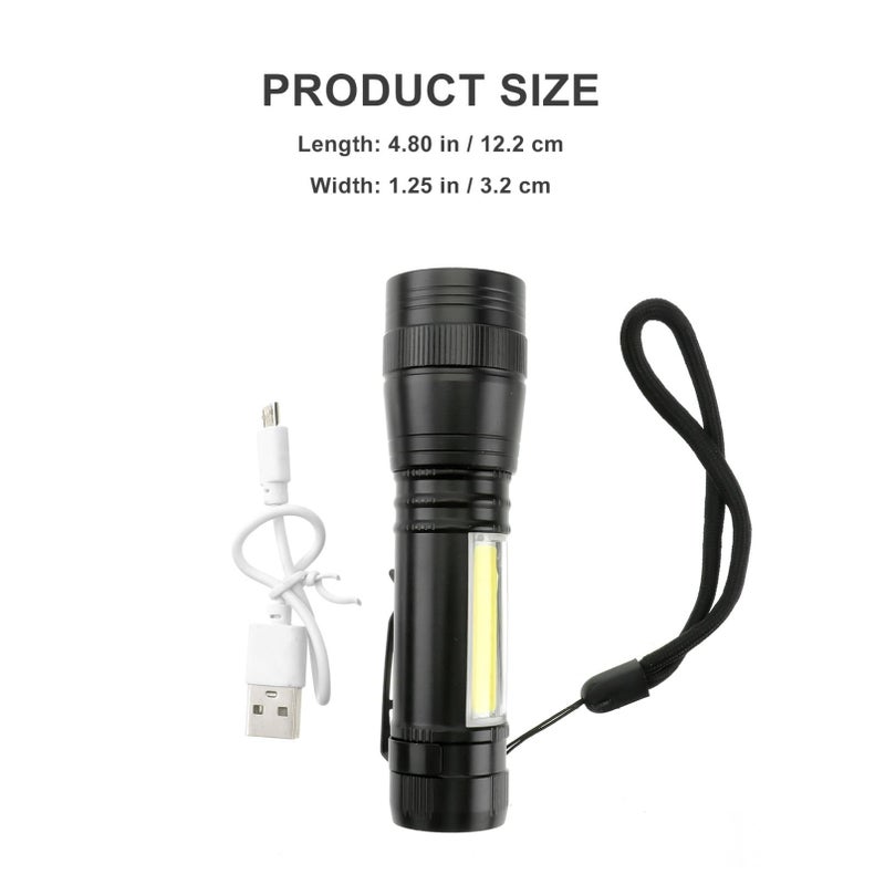 مصباح يدوي LED قابل لإعادة الشحن عبر USB، أوضاع ساطعة للتنزه والتخييم، ضوء طوارئ، خفيف الوزن، أسود. - Image 3