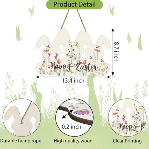 YUNKKIN Easter Wreaths for Front Door Happy Easter Door Decorations Bunny Wall Decor Wooden Spring Bunny Flower Front Door Hanger Hanging Sign Decorations for Porch Wall Indoor Home Decor - Image 3