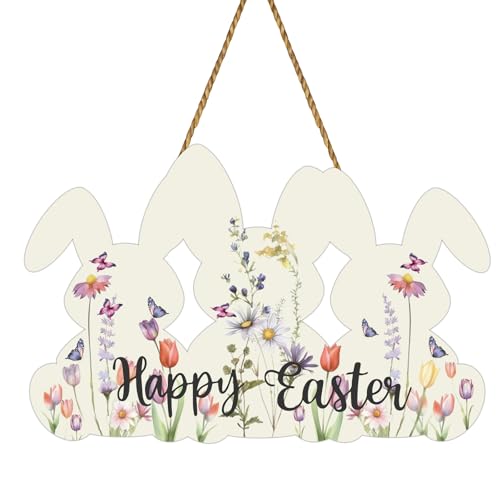 YUNKKIN Easter Wreaths for Front Door Happy Easter Door Decorations Bunny Wall Decor Wooden Spring Bunny Flower Front Door Hanger Hanging Sign Decorations for Porch Wall Indoor Home Decor - Image 1
