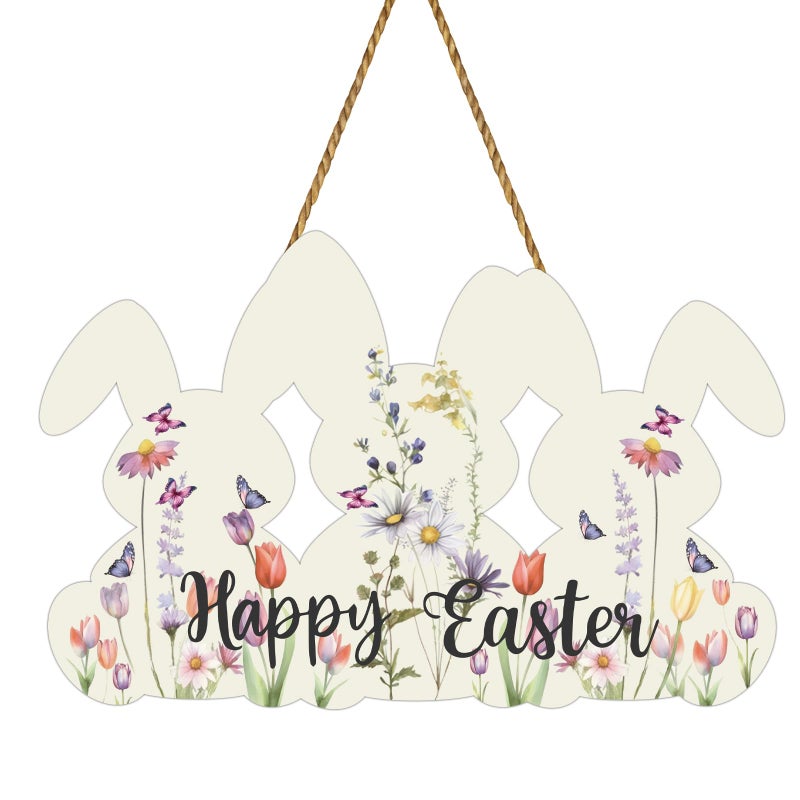YUNKKIN Easter Wreaths for Front Door Happy Easter Door Decorations Bunny Wall Decor Wooden Spring Bunny Flower Front Door Hanger Hanging Sign Decorations for Porch Wall Indoor Home Decor - Image 2