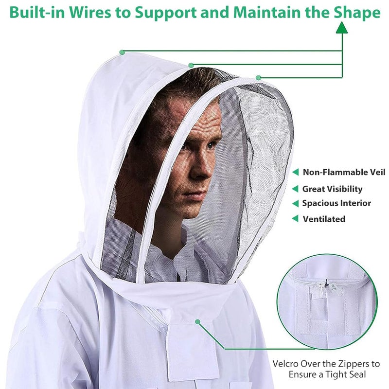 HASTHIP بدلة النحل مع غطاء وجه شبكي واقي بسحاب وأكمام طويلة بدلة تنفسية في الهواء الطلق لصيف 175-185 سم للبالغين - Image 3