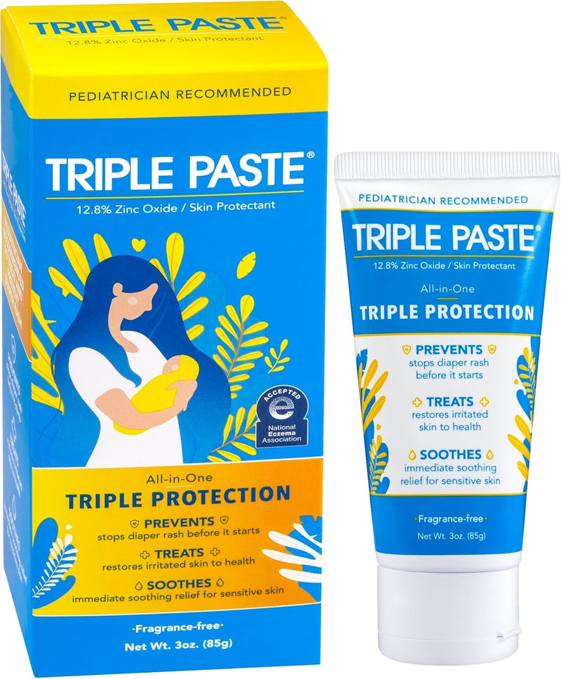 Triple Paste كريم طفح الحفاض ثلاثي المعجون للأطفال 3 أونصات أنبوب مرهم أكسيد الزنك يعالج ويهدئ ويمنع طفح الحفاض موصى به من قبل أطباء الأطفال تركيبة مضادة للحساسية مع نباتات مهدئة - Image 1