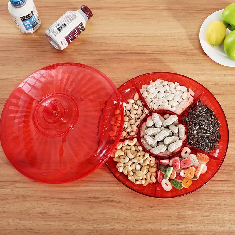 Ketumal Acrylic Multifunctional Party Snack Tray with Lid,Serving Dishes for Dried Fruits Nuts Candies Fruits,6-Compartment | Round Appetizer Platter (Red) - Image 1