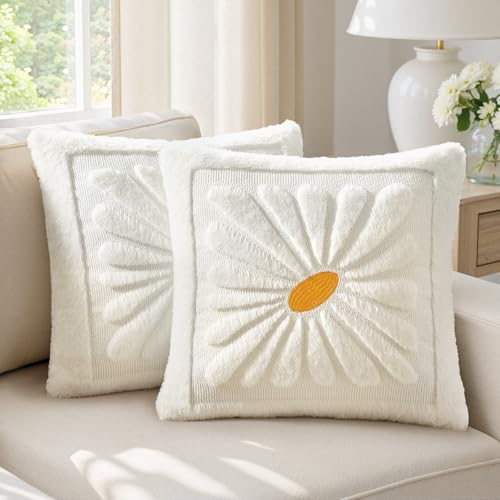 EMEMA Set of 2 Spring Summer Sunflower Floral Pillow Covers Plush Faux Fur Decorative 18x18 Cushion Cases Adding a Soft Bright Seasonal Accent to Sofa Couch Bed Modern Farmhouse Living Room White - Image 1