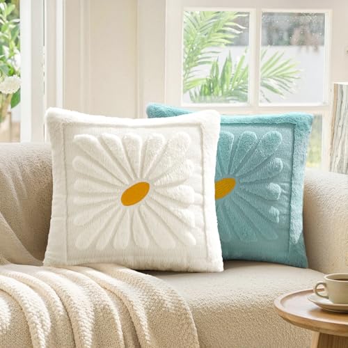 EMEMA Set of 2 Spring Summer Sunflower Floral Pillow Covers Plush Faux Fur Decorative 18x18 Cushion Cases Adding a Soft Bright Seasonal Accent to Sofa Couch Bed Modern Farmhouse Living Room White - Image 3