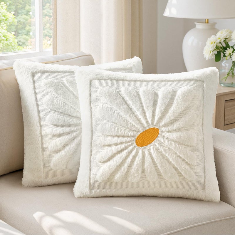 EMEMA Set of 2 Spring Summer Sunflower Floral Pillow Covers Plush Faux Fur Decorative 18x18 Cushion Cases Adding a Soft Bright Seasonal Accent to Sofa Couch Bed Modern Farmhouse Living Room White - Image 2
