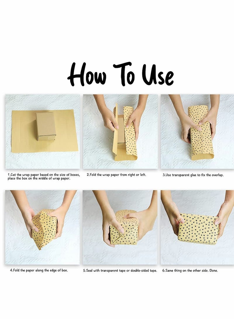 KASTWAVE Birthday Wrapping Paper, Kraft Brown Recycled Gift 20x28 inch, 12 Sheets Dot Stripe Heart with String Sticker Tag for Women Men Girl Boy, with Jute Strings, Stickers and Tags - Image 4