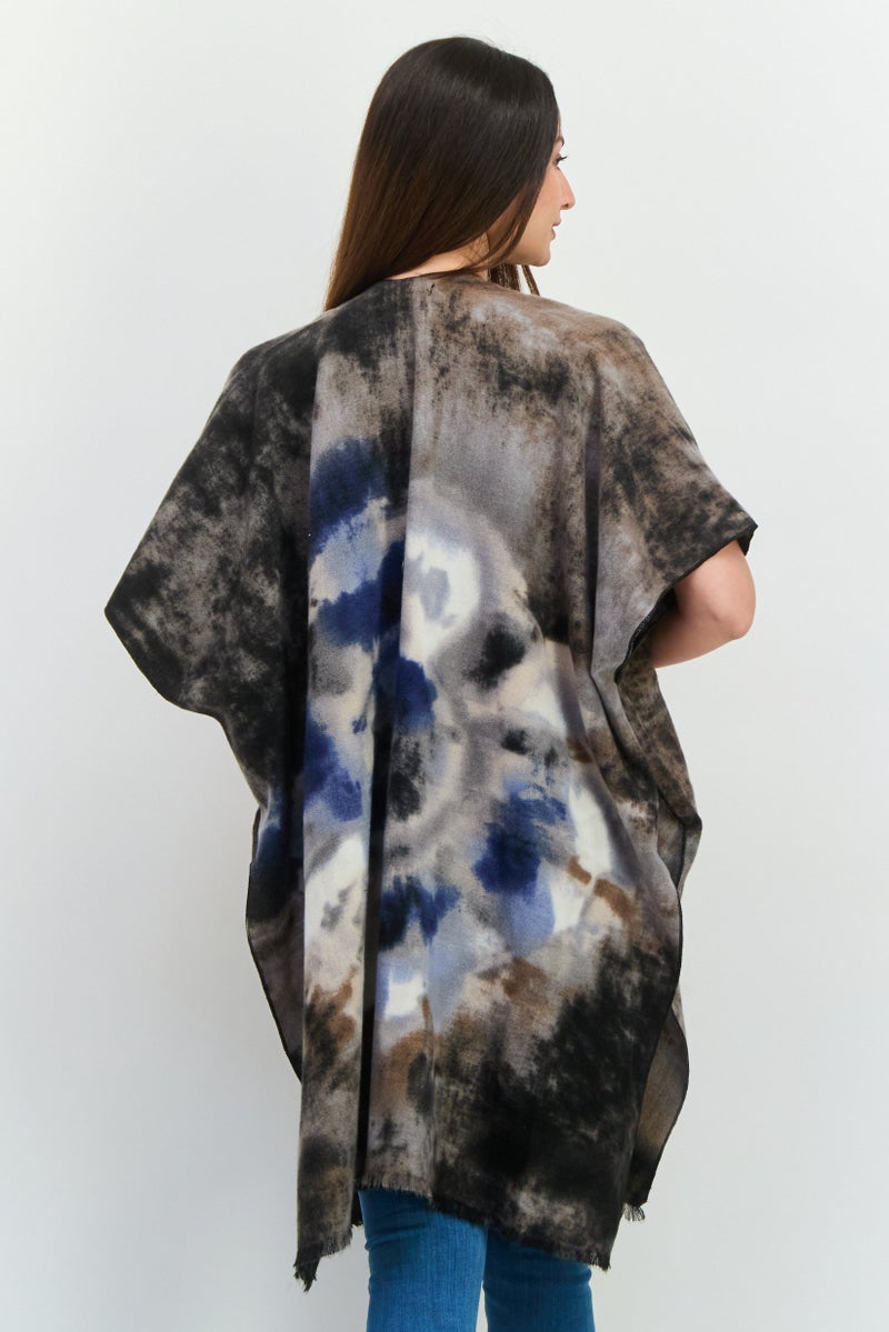 Max Studio Women Split Neck Tie Dye Poncho, Black Combo  - Image 3