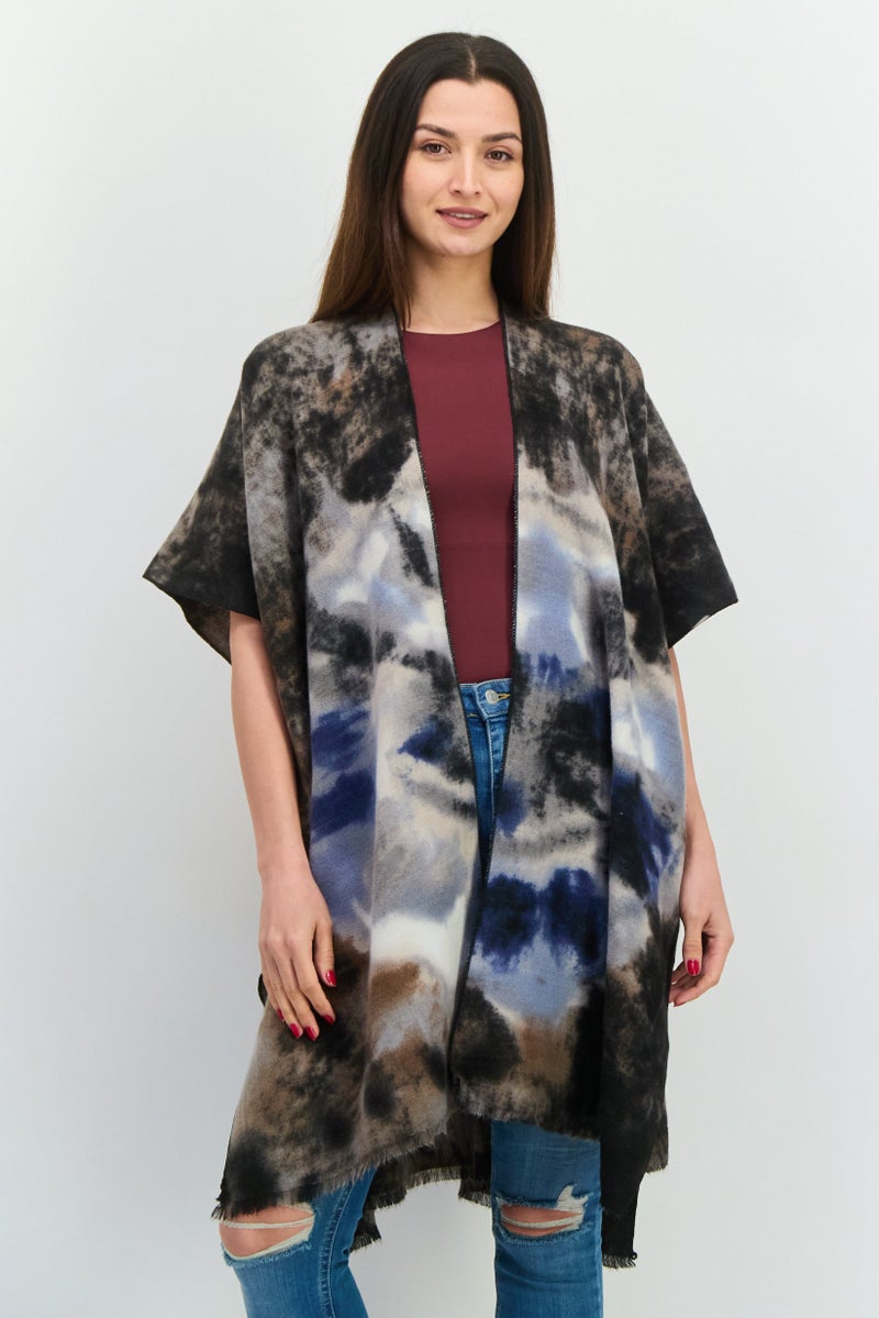 Max Studio Women Split Neck Tie Dye Poncho, Black Combo  - Image 1