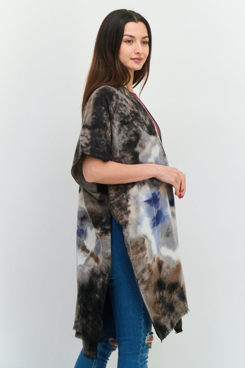 Max Studio Women Split Neck Tie Dye Poncho, Black Combo - Image 2