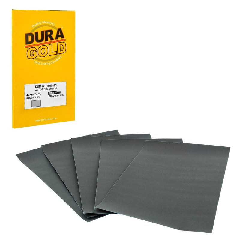DuraGold Premium 1500 Grit Wet or Dry Sandpaper Sheets 512 x 9 Box of 25 Car Color Sanding Detailing Polishing Automotive Woodworking Wood Furniture Metal Finishing Hand Sand Block Sander