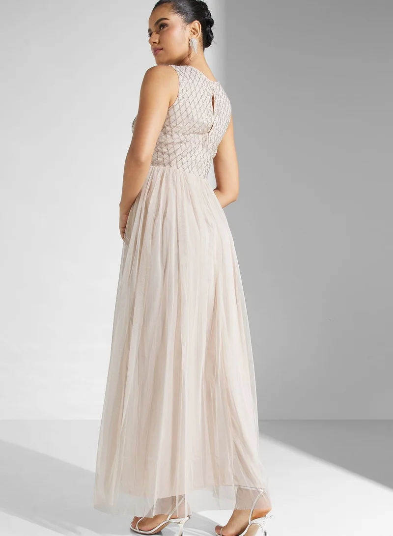 Lace and Beads Sequin Mesh Tiered Dress