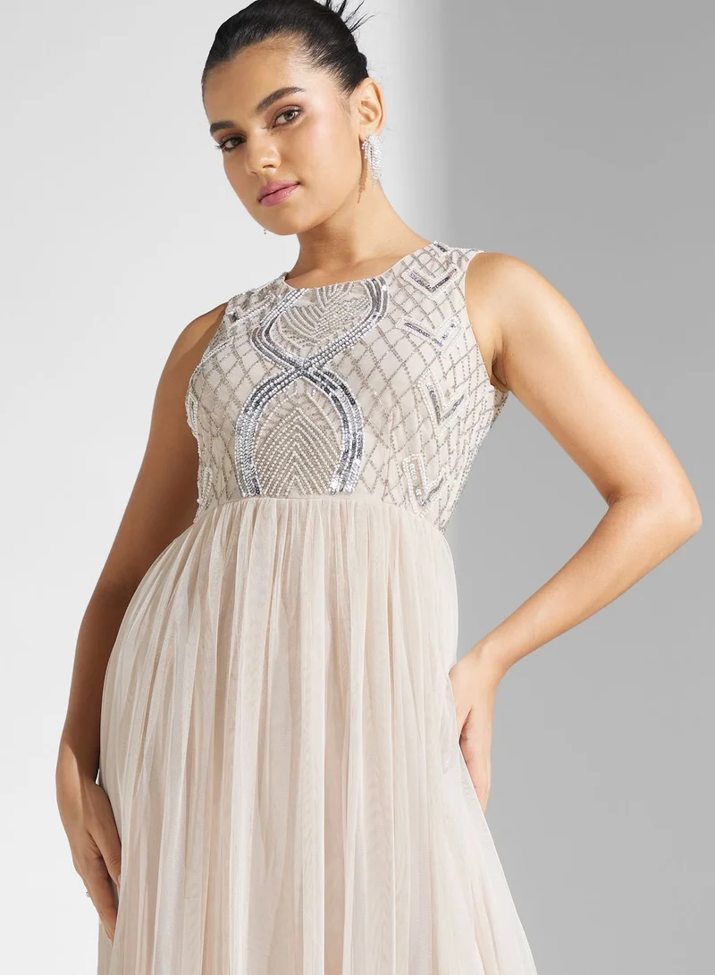 Lace and Beads Sequin Mesh Tiered Dress