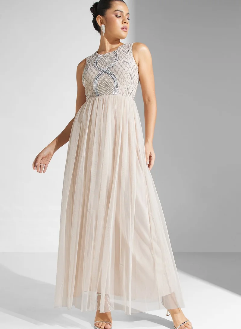 Lace and Beads Sequin Mesh Tiered Dress