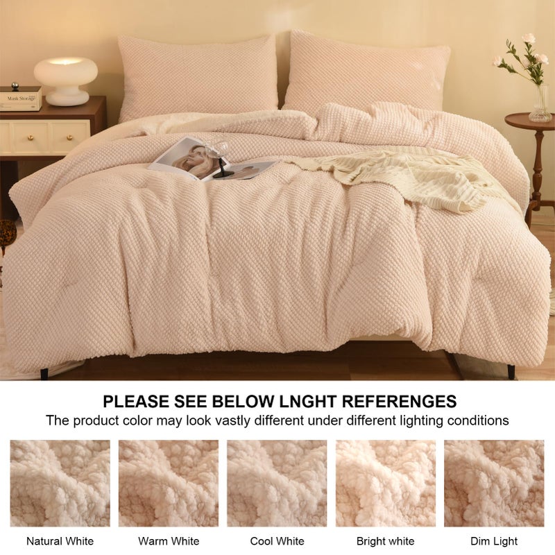 LLanCL 3D Jacquard Design Comforter Set, Ultra-Soft Warm Queen Size Sherpa Fur Plush 3-Pieces Sets Luxury Cozy Bedding with 2 Pillowcases (90"x90", Cream White) - Image 5