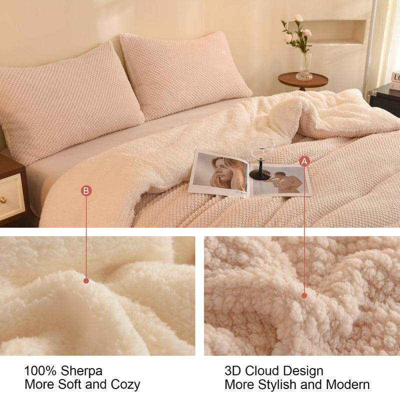LLanCL 3D Jacquard Design Comforter Set, Ultra-Soft Warm Queen Size Sherpa Fur Plush 3-Pieces Sets Luxury Cozy Bedding with 2 Pillowcases (90"x90", Cream White) - Image 4