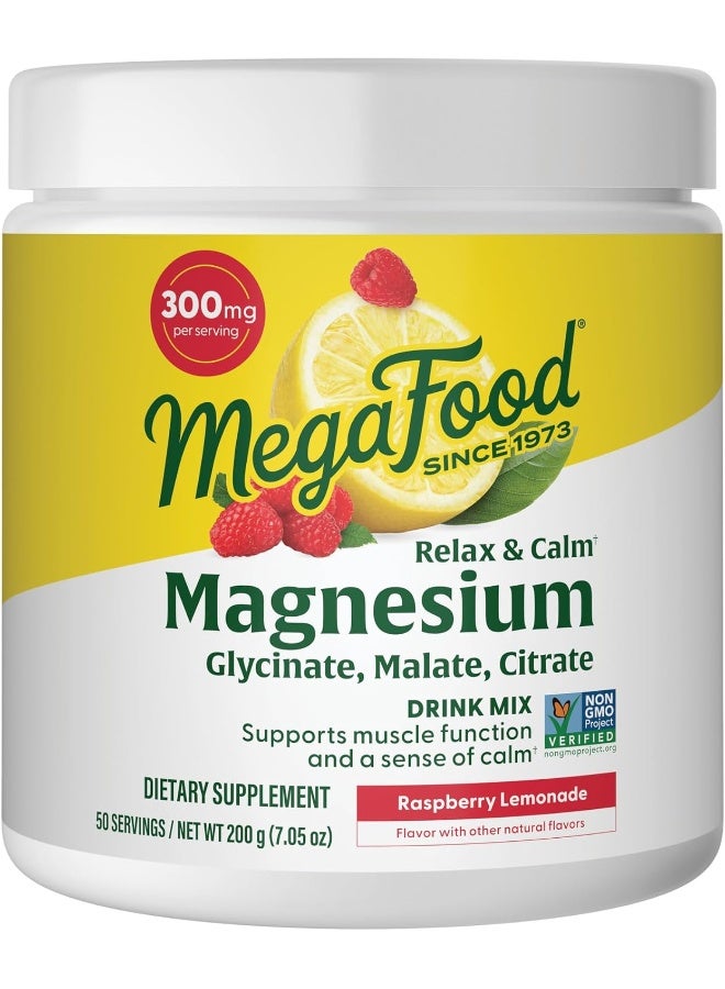 MegaFood Relax And Calm Magnesium Highly Absorbable Glycinate, Citrate And Malate Powder Raspberry Lemonade Flavor 200 Gram 50 Servings - Image 1