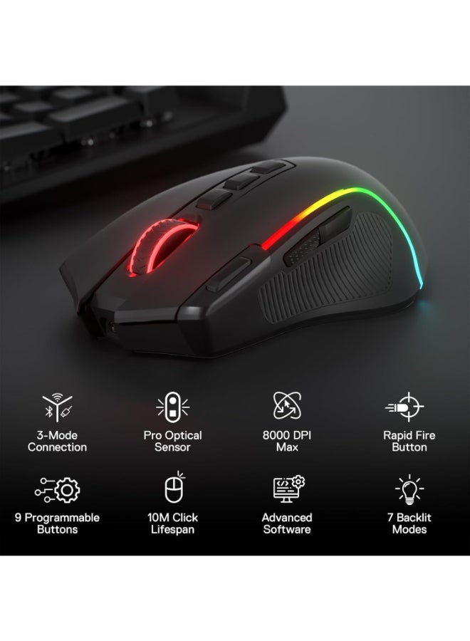 Redragon M612 PRO RGB Gaming Mouse, 8000 DPI Wired/Wireless Optical Gamer Mouse with 9 Programmable Buttons & 7 Backlit Modes, BT & 2.4G Wireless, Software Supports DIY Keybinds Rapid Fire Button - Image 2