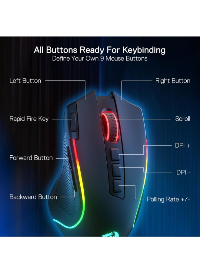 Redragon M612 PRO RGB Gaming Mouse, 8000 DPI Wired/Wireless Optical Gamer Mouse with 9 Programmable Buttons & 7 Backlit Modes, BT & 2.4G Wireless, Software Supports DIY Keybinds Rapid Fire Button - Image 4
