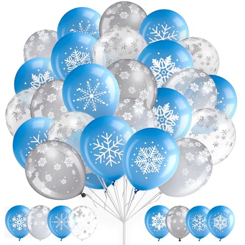 MiniInflat 50 Pcs Winter Snowflakes Balloons Clear 12 Inch Transparent Snowflakes Latex Balloons for Birthday Wedding Winter Wonderland Shower New Year Party Decorations Blue Gray ClearSnowflake - Image 1