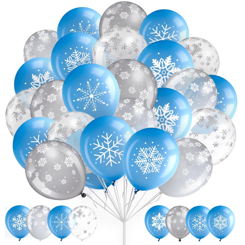 MiniInflat 50 Pcs Winter Snowflakes Balloons Clear 12 Inch Transparent Snowflakes Latex Balloons for Birthday Wedding Winter Wonderland Shower New Year Party Decorations Blue Gray ClearSnowflake - Image 3