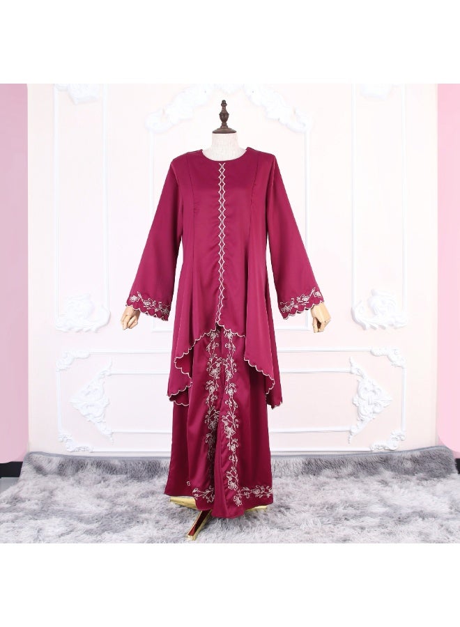 Women Satin Embroidery Scalloped Hem Two Piece Set, Loose Long Sleeve Top With Long Skirt Modest Outfit - Image 2