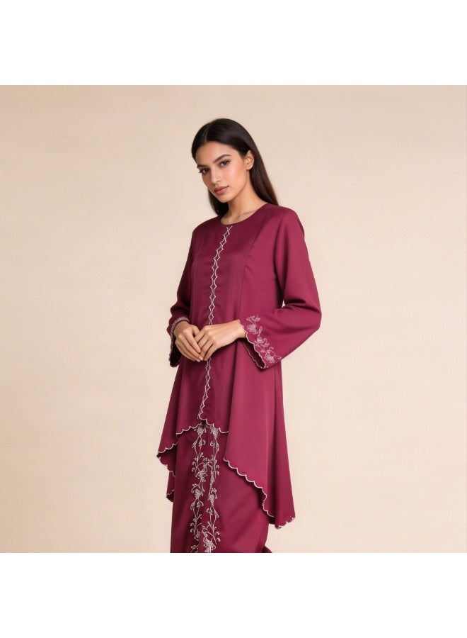 Women Satin Embroidery Scalloped Hem Two Piece Set, Loose Long Sleeve Top With Long Skirt Modest Outfit - Image 1