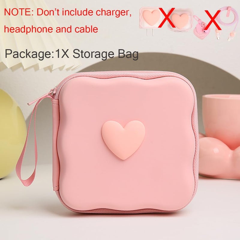 QLD COVER Charger Cover Storage Bag, Lovely 3D Love Heart Waves Design Charger Protector Travel Storage Case, Earphone Wire Saver Cable Cord Organizer Wireless Earphone Storage Box, Pink Love - Image 2