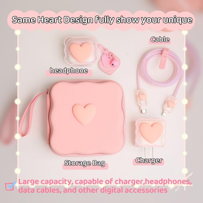QLD COVER Charger Cover Storage Bag, Lovely 3D Love Heart Waves Design Charger Protector Travel Storage Case, Earphone Wire Saver Cable Cord Organizer Wireless Earphone Storage Box, Pink Love - Image 4