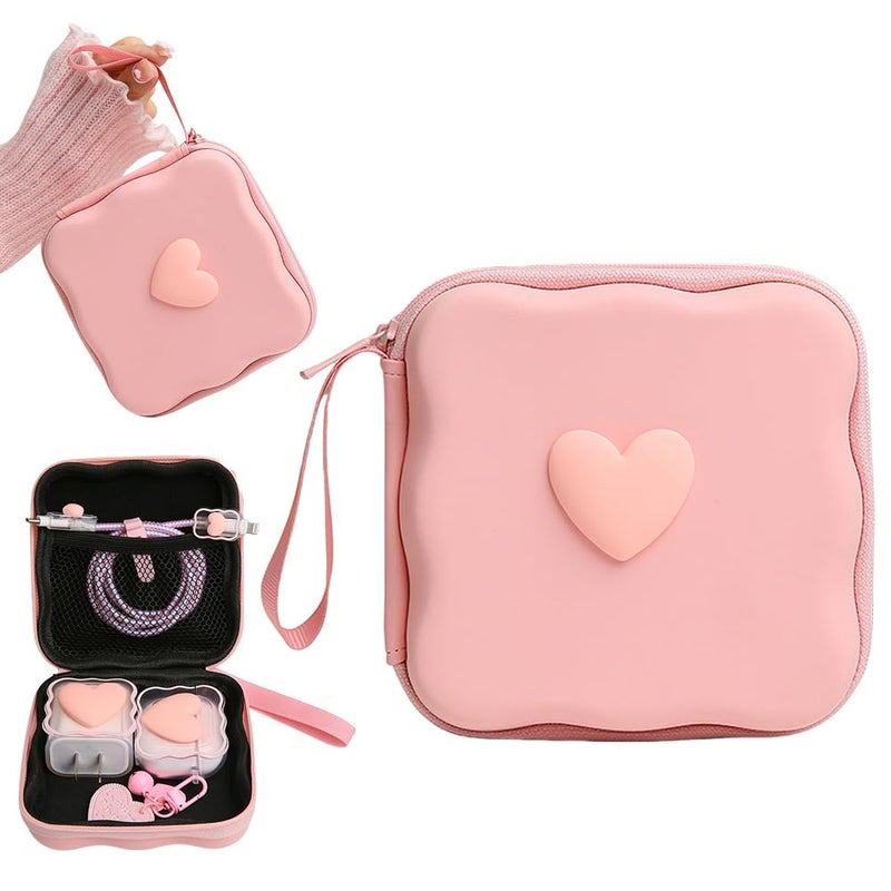 QLD COVER Charger Cover Storage Bag, Lovely 3D Love Heart Waves Design Charger Protector Travel Storage Case, Earphone Wire Saver Cable Cord Organizer Wireless Earphone Storage Box, Pink Love - Image 1